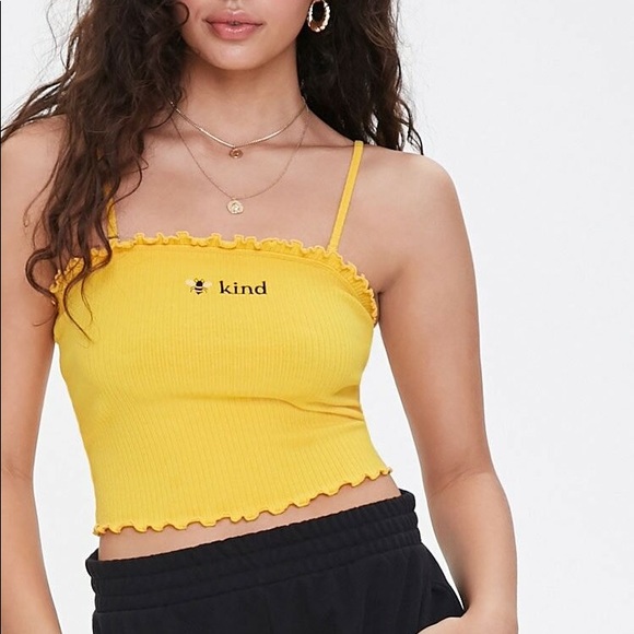 FOREVER 21 Yellow Embroidered Bee Kind Lettuce Hem Tube Top Cami Tank NEW - Picture 1 of 12